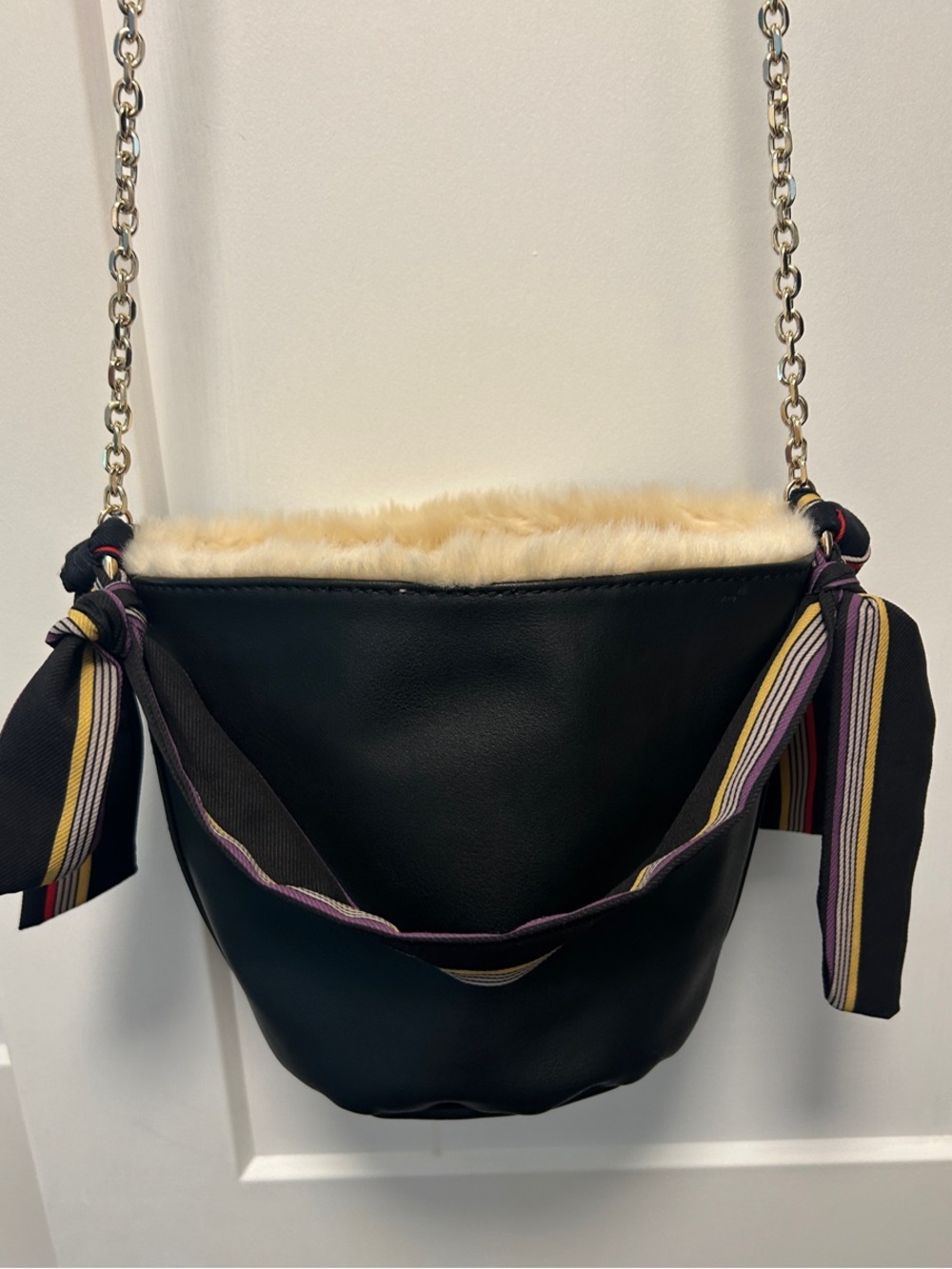 Zara Black Crossbody Bucket Bag with Faux Fur Lining and Striped Scarf